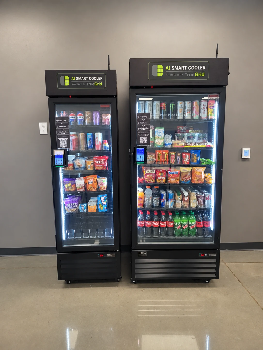 Two TrueGrid Smart AI Coolers stocked with snacks and drinks in a workplace