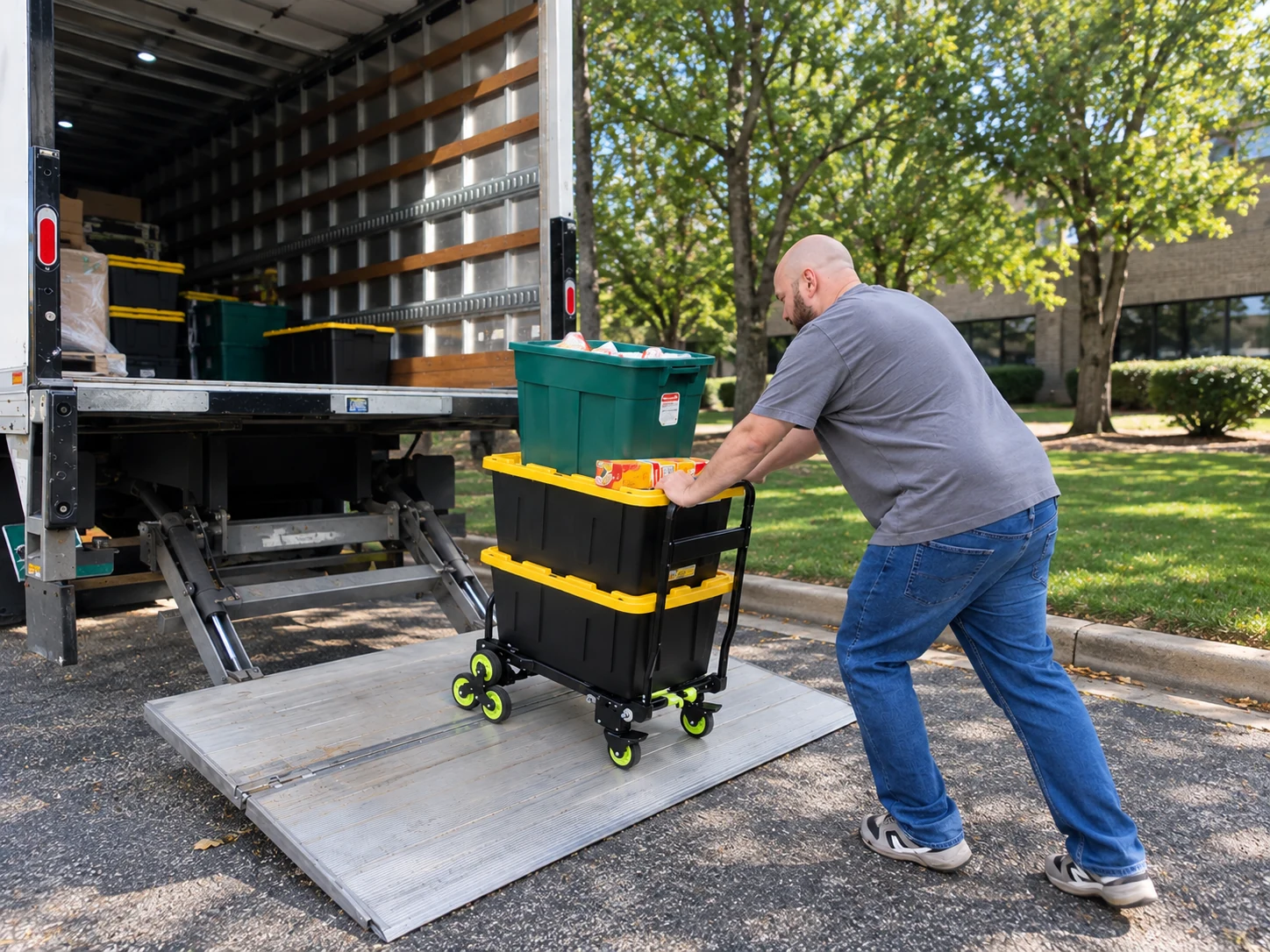 TrueGrid service worker moving stocked totes from a delivery truck during a restocking visit