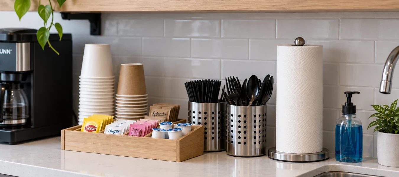 Organized workplace breakroom supplies including cups, plates, napkins, utensils, coffee extras and paper towels