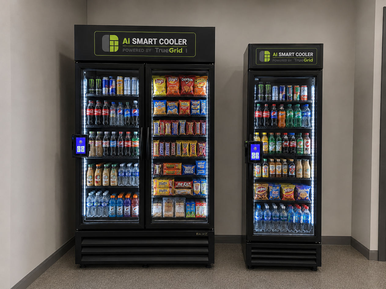 TrueGrid AI Smart Coolers stocked with drinks and snacks in a breakroom